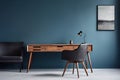 Minimalistic home office with wooden desk, items for work, chair and sofa to blue walls. Generative AI Royalty Free Stock Photo