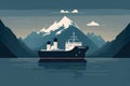 Minimalistic illustration of a cargo ship sailing in calm waters with mountains in the background Royalty Free Stock Photo