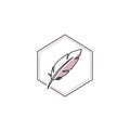 The feather is enclosed within a hexagonal frame outlined in a subtle pink hue Royalty Free Stock Photo