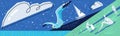 Flying seagull over the sea against the background of the starry sky, yacht and people who are resting. wide banner