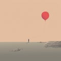 Minimalistic Illustration Of A Man Floating Alone With A Red Balloon