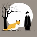 Minimalistic Illustration Of A Man And A Fox Under The Moon Royalty Free Stock Photo