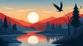 Minimalistic illustration of a serene summer sunrise reflecting on a tranquil lake