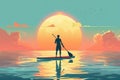 minimalistic illustration silhouette of a man floating on a SUP board in the sea at sunset Royalty Free Stock Photo