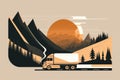 Minimalistic illustration of a truck driving on a winding road with hills in the background Royalty Free Stock Photo