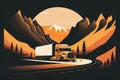 Minimalistic illustration of a truck driving on a winding road with hills in the background Royalty Free Stock Photo