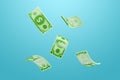Minimalistic image of dollars, banknotes of money in a cartoon style. 3D illustration, 3D render. Modern design, magazine style