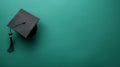 Minimalistic image of a graduation cap placed on teal background. Top view, banner with copy space Royalty Free Stock Photo