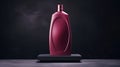 Minimalistic image of a pink shampoo bottle in the center of the podium. Luxurious studio lighting. Generative AI