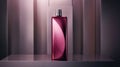 Minimalistic image of a pink shampoo bottle in the center of the podium. Luxurious studio lighting. Generative AI