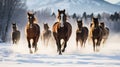 Minimalistic Image of Rodeo Horses Running Through Winter Meadow in Kalispell, Montana AI Generated Royalty Free Stock Photo