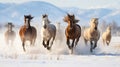 Minimalistic Image of Rodeo Horses Running Through Winter Meadow in Kalispell, Montana AI Generated Royalty Free Stock Photo