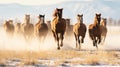 Minimalistic Image of Rodeo Horses Running Through Winter Meadow in Kalispell, Montana AI Generated Royalty Free Stock Photo