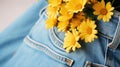 Minimalistic Image of a Small Bouquet of Yellow Flowers in a Light Jeans Back Pocket AI Generated