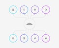 Minimalistic infographic with connected 8 circular nodes forming a diagram, displaying various business and strategy