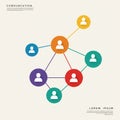 A minimalistic infographic features a network of connected circles, each with a white