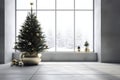 Minimalistic interior with big window and modest Christmas tree