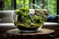 Minimalistic interior design bright living room with planted fish bowl vivarium