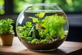 Minimalistic interior design bright living room with planted fish bowl vivarium