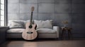 Minimalistic interior design concept. Acoustic guitar on grey textile sofa in spacious room of loft style apartment