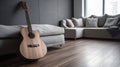 Minimalistic interior design concept. Acoustic guitar on grey textile sofa in spacious room of loft style apartment. AI Generative