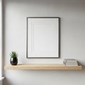 A minimalistic interior design features a plain wooden floating shelf against a light- Royalty Free Stock Photo