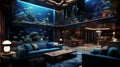 Minimalistic interior design large wall aquarium as aquatic architecture in home living room Royalty Free Stock Photo