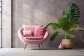 Minimalistic interior of a living room or hallway, a pink soft chair next to a green monstera flower against a background of a