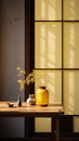 Minimalistic Japanese Table With Vases And Yellow Flowers