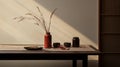 Minimalistic Japanese Style Red Vase On Wooden Table