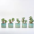 Minimalistic Japanese Style: Row Of Small Succulent Plants In Blue Pots Royalty Free Stock Photo