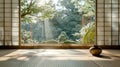 Minimalistic japanese tea room with tatami mats, soft window light, realistic textures Royalty Free Stock Photo