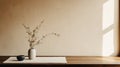 Minimalistic Japanese Vase With Flowers On Wooden Table