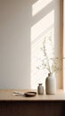 Minimalistic Japanese Wood Table With Vases And Flowers