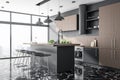 Minimalistic kitchen studio interor and city view