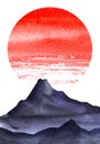 Minimalistic landscape. Dark silhouette of high mountains. Bright red circle of the sun.