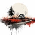 Minimalistic Landscape Painting With Red Splatters