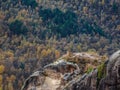 Minimalistic landscape of a rocky ledge against the background of a mountain forest. The edge of a stone cliff, a dangerous gorge Royalty Free Stock Photo