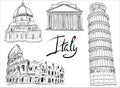 Minimalistic line-art landmark icons of the Italy architecture. Big set of tourist attractions