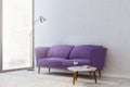 White living room corner, purple sofa