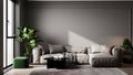 Minimalistic living room interior mock up with gray sofa, plant, coffee table, parquet floor, luxury, scandinavian style interior Royalty Free Stock Photo
