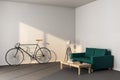 Minimalistic living room interior with sofaand bicycle