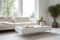 minimalistic living room with a white couch and modern coffee table Royalty Free Stock Photo