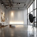 Minimalistic loft gallery features neural network installation, ample space