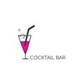 Minimalistic logo for alcoholic bar, shop, restaurant. Cocktail glass Martinka with a straw and bubbles on a black background with