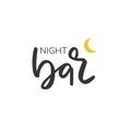 Minimalistic logo for alcoholic bar, shop, restaurant. Night bar lettering with yellow crescent sign. Isolated over black