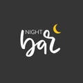 Minimalistic logo for alcoholic bar, shop, restaurant. Night bar lettering with yellow crescent sign. Isolated over black