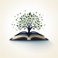 minimalistic logo emblem with open book and tree on a white background. A symbol for a bookstore, library, school and