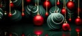 Minimalistic Luxury style Christmas banner, red, green, golden Christmas balls, emerald background, copy space
