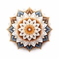 Minimalistic Mandala Flower: White, Blue, And Brown Woodcarving Design